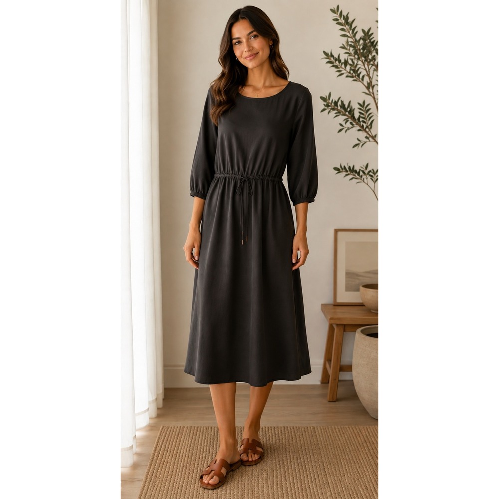 Calvin Klein Women Drawstring Black Balloon Sleeve Midi Dress Size 10 Casual